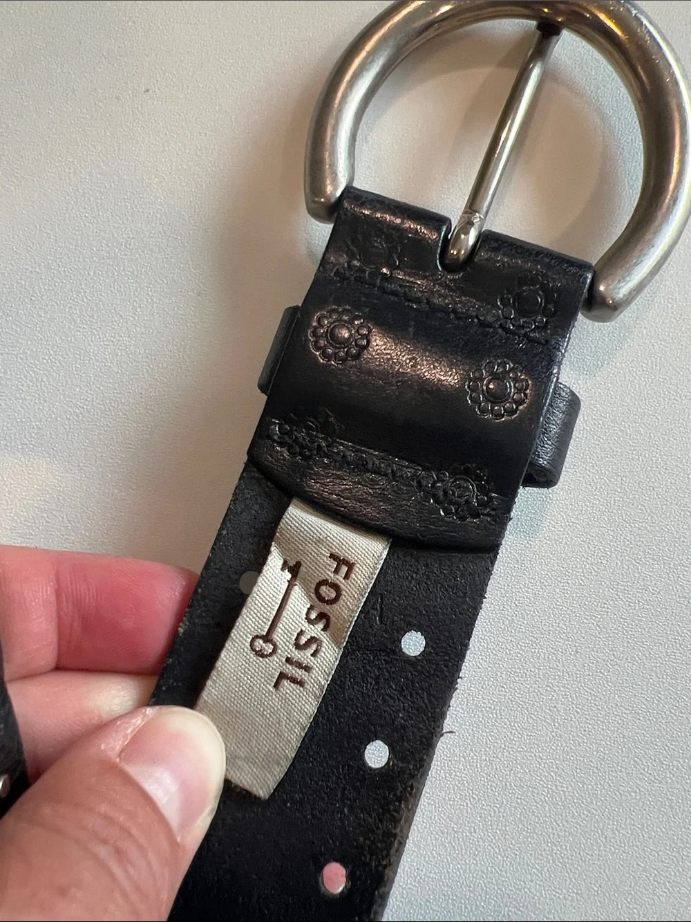 Fossil - M, Daisy Embossed, Black Leather Belt with Silver Stud Accents